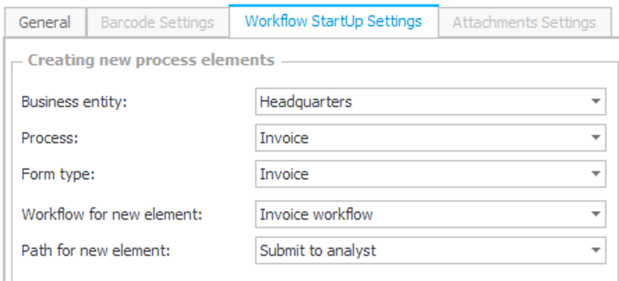 The image shows the Workflow StartUp Settings tab